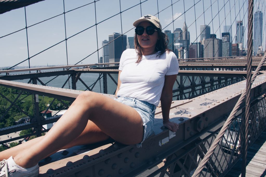 Posing on Brooklyn Bridge, NYC in May